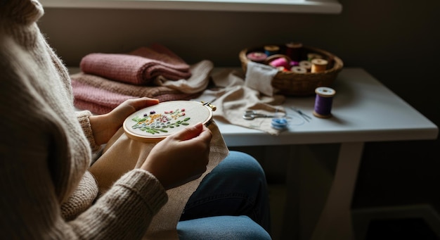 Kobieta haftująca przy oknie